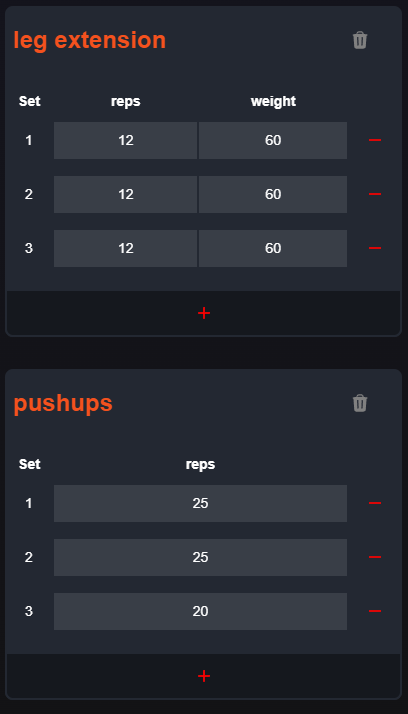 Groups of exercises with reps and sets