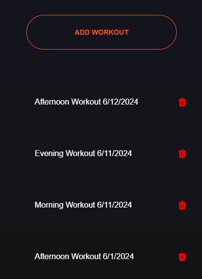 A list of workouts with date and time of the day.